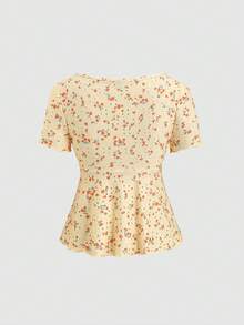 Sweetra Áo kiểu Y2K giản dị, đa năng, thích hợp cho kỳ nghỉ, với họa tiết hoa nhỏ, dây thắt nơ. - Màu vàng - Xem 2