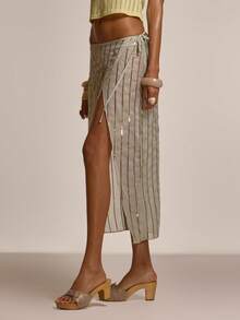 MUSERA 裹身系带条纹亮片细节飘逸中长裙可爱春夏性感外出海滩度假蜜月装 - 綠色 - 查看 3