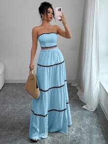 Rafferiza Petite 女款拼接配色抹胸上衣與裙子休閒套裝，適合嬌小女性 - 藍色 - 查看 4