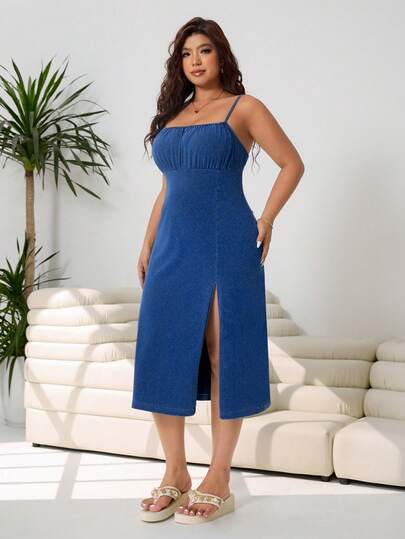 Solflare Plus Size Summer Casual Slit Strap Denim Dress