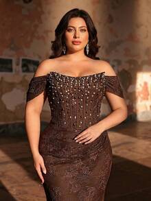 Aureia Plus Size Elegant Brown Winter Evening Formal Party Dress, Off-Shoulder Luxury Pearl & Rhinestone French Lace Mermaid Gown With Train Fishtail - Brown - View 3
