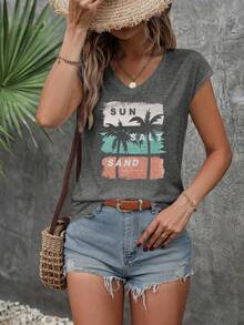 Summer New Arrival Outdoor Top, Vacation Style Coconut Tree & Beach Print Pattern Design, High-End Feel, Cotton Comfortable V-Neck Sleeveless T-Shirt For Women, Casual Versatile, V-Neck Style, Daily Wear - Dark Grey - View 6