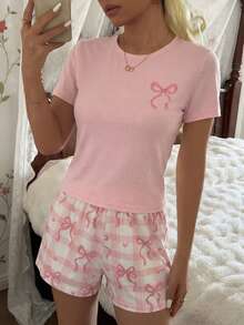 两件套少女粉色蝴蝶结印花上衣和格子蝴蝶印花短裤睡衣套装，柔软针织面料，舒适甜美，优雅时尚 - 淺粉色 - 查看 6