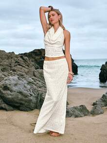 Gownix White Floral Jacquard Knit Halter Cowl Neck Draped Tank Top Fish Tail Hem Maxi Skirt 2 Pieces Set Summer Tropical Vacation Holiday Beach Outfits - White - View 8