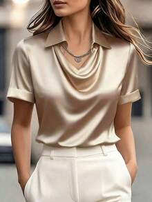 SHEIN LUNE Camicia estiva da donna, collo drappeggiato, vestibilità morbida, maniche corte, casual, versatile, camicie in raso per uso quotidiano, top formali eleganti per donna, top casual eleganti, top donna, bluse in raso eleganti per donna, top in raso eleganti e raffinati, camicette e top da donna, camicie da lavoro, abiti da lavoro per donna, abbigliamento da lavoro per donna, bluse da donna, top in seta eleganti e raffinati per donna, blusa in raso per donna - Champagne - Visualizzare 2