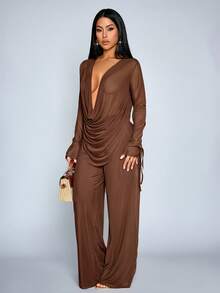 SOLERSUN 性感优雅派对/海滩度假两件套，垂褶领上衣和长裤，针织网眼高端面料，休闲舒适风格，夏季女装 - 棕色 - 查看 8