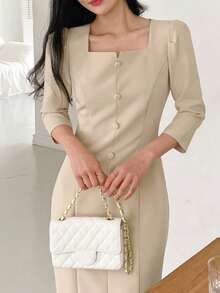 DAZY Women's Square Neck Fitted Waist Short Sleeve Midi Commuter Dress - Khaki - View 3