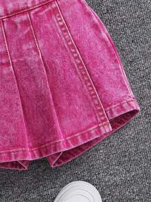 SHEIN Baby Girl's Spring Summer Boho Cute Pleated Skirt, Ruffle Trim Wrap Elastic Waist Comfortable Soft Denim Skorts Jeans Shorts - Pink - View 5