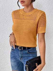 EMERY ROSE Women's Round-Neck Solid Color Short-Sleeved Knitted Top For Summer For New Year Clothes - Mustard Yellow - View 4
