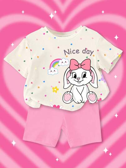 SHEIN GraphicGems 1 Set Niñas Bebé Lindo Orejas de Conejo Estampado de Leopardo y Corazón Camiseta de Cuello Redondo de Manga Corta y Pantalones Cortos de Punto Conjunto Lindo, Conjunto de Camiseta con Estampado de Conejo de Dibujos Animados, Primavera a Verano, Conjuntos de Verano, Conjunto de Pascua