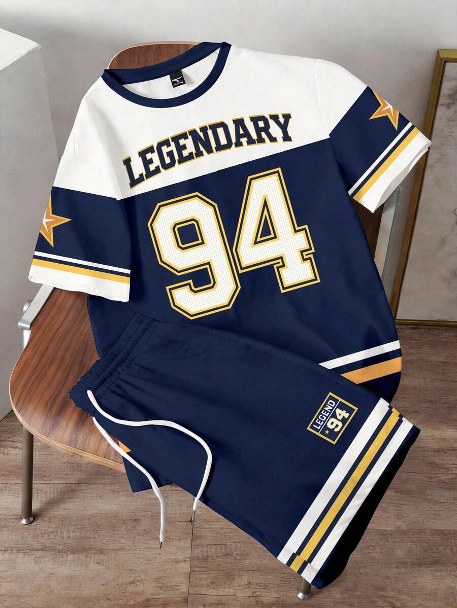 Manfinity Joysei 2pcs/Set Men's Blue & White Contrast Letter T-Shirt Set, Suitable For Summer - Blue - View 1