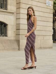 Nöista Halter Neck Dress With Diagonal Irregular Stripes, Summer, Spring, Easter. - Brown - View 4
