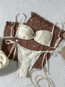 Swim Mod Apricot Plain Textured Bikini Set With Spaghetti Strap Top And Tie Side Bottom Women Swimwear - Apricot - View 2