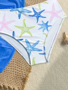 SHEIN 少女比基尼套装，海星印花三件套泳衣带裙子，时尚休闲优雅泳装，适合游泳、度假、夏季穿着（印花随机） - 藍色 - 查看 5
