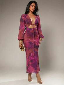 Radiana 女士性感优雅浪漫渐变花卉印花长裙，网纱印花连衣裙，灯笼袖长裙，低胸连衣裙，修身连衣裙，情人节约会连衣裙，弹力网纱面料，贴合身形，适合夜晚、约会、鸡尾酒会、晚宴、俱乐部、生日、派对、婚礼、宾客装扮、伴娘礼服、花园午后、海岛度假、假日穿着。女士两件套正式夏季两件套，女士两件套派对礼服，女士正式两件套。 - 彩色 - 查看 4