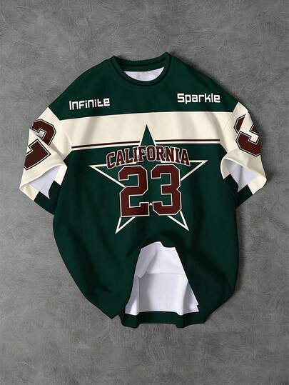 Aesthetic Post 男士圆领T恤，饰有加州23星图案，复古街头风经典大地色拼接运动休闲圆领T恤