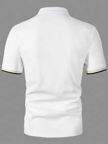 Manfinity Homme 男士短袖紋理布料條紋 Polo 衫，適合外出、辦公穿著、義大利度假夏季穿著 - 白色 - 查看 2