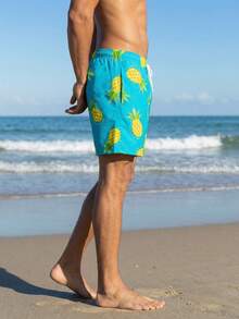 Surfspeed Men's Colorful Pineapple Print Casual Beach Shorts Pineapple Print Shorts Men Vacation Beachwear Men's Pineapple Swim Trunks - Mint Blue - View 4