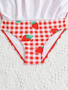 Souflis Souflis 1pc Girls Red Plaid Strawberry Print One-Piece Swimsuit,Long Sleeve Zipper Rash Guard With Ruffle Hem,Elegant Kids Summer Beach Bathing Suit Dress - Red - View 5