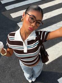 Muchica Suéter ajustado de punto con rayas de contraste para mujer, top polo popular para mujer, estilo preppy casual de verano de la vieja escuela - Marrón - Ver 9