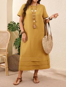 EMERY ROSE Plus Size Solid Color Short Sleeve Casual Vacation Dress Spring Outfits For Women Vacation Country Sage Green - Mustard Yellow - View 6