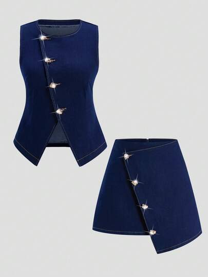 SHEIN MOD Bộ đồ denim không tay cổ tròn màu trơn cài cúc phía trước dành cho nữ, thời trang mùa hè.