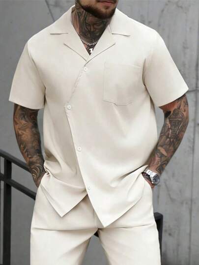 Manfinity CasualCool Men's Casual Solid Color Short Sleeve Shirt, Versatile For Summer Men Short Sleeve Dress Shirt Beige Men Shirt Mens Cuban Shirt Tan Shirt Men Cream Shirt For Men Old Money,Daily Leisure, Weekend Trips, Outdoor Activities, Travel Expeditions, Relaxed Work Environments Or Semi-Formal Occasions, Boyfriend/Husband Gift, Anniversary /Birthday Gift Party Summer Vacation Holiday,Wedding,Spring To Summer Men Cruise Outfit Yacht Outfit Men Men Beach Outfit Set