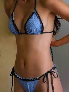 Swim Mod Spring/Summer Beach Vacation French Retro Polka Dot Ruffle Halter Bikini Set, 2 Pieces Swimsuit - Multicolor - View 1