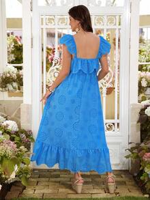 SHEIN 孕妇波西米亚风蕾丝边露肩褶皱连衣裙 - 藍色 - 查看 2