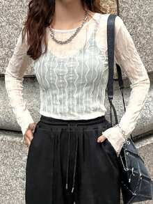 FRIFUL Blusa ajustada de manga larga y cuello redondo transparente de unicolor para mujer - Albaricoque - Ver 5