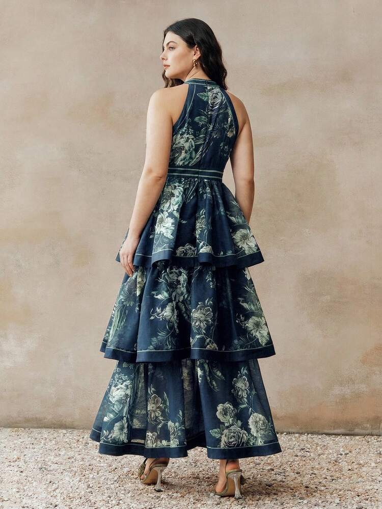 Anewsta Elegant Romantic Sleeveless Floral Print Halter Waist Tie Maxi Dress, Suitable For Vacation, Valentine's Day, Beach, Party