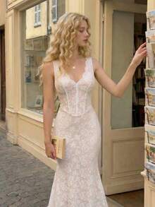 SHEIN MOD 优雅蕾丝修身美人鱼中长连衣裙，夏季 - 白色 - 查看 3