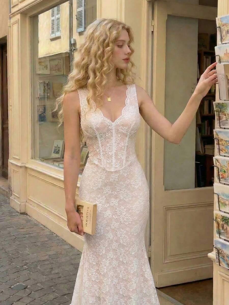 SHEIN MOD 优雅蕾丝修身美人鱼中长连衣裙，夏季 - 白色 - 查看 1