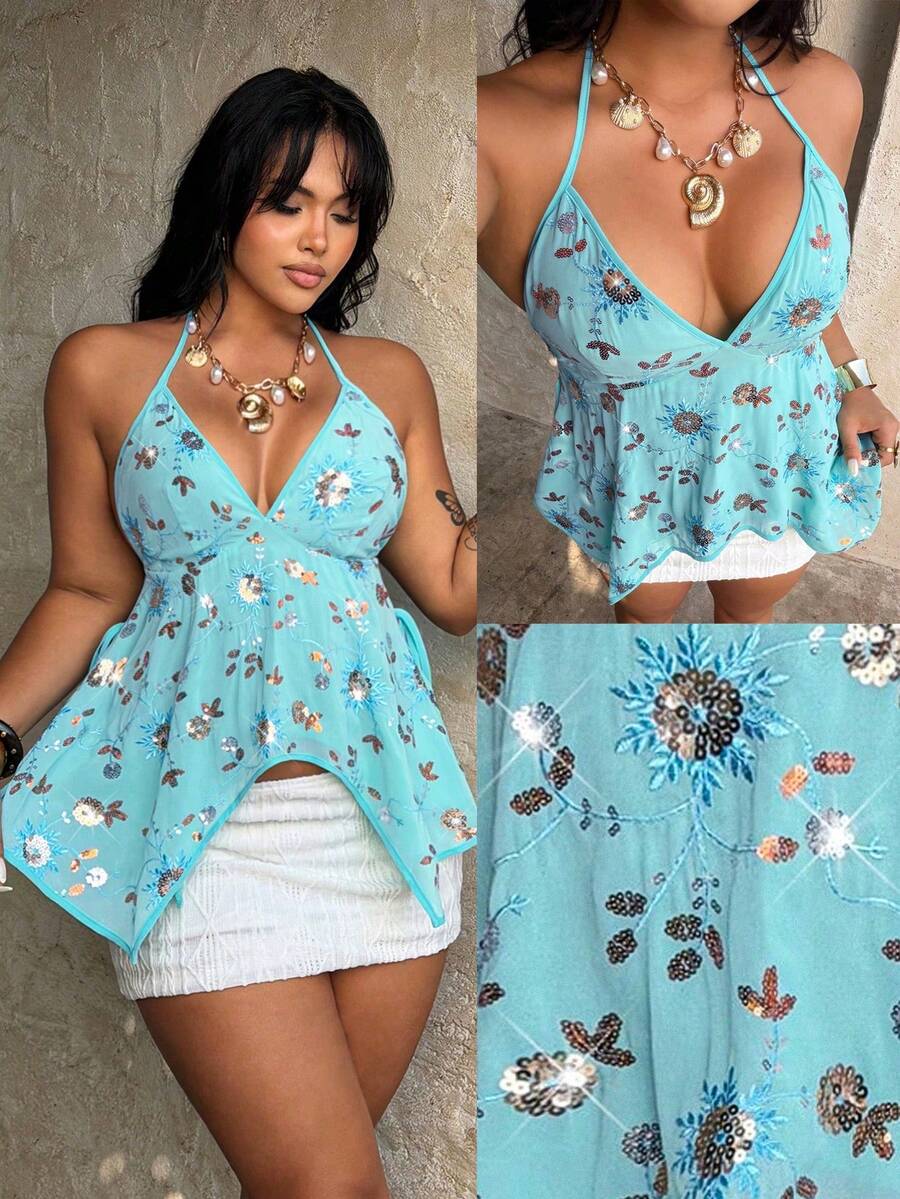 Rustia Áo hai dây ngắn không tay cổ chữ V màu xanh bạc hà thêu sequin dành cho nữ cỡ lớn, dáng ôm, thích hợp cho mùa hè. - Màu xanh bạc hà - Xem 1
