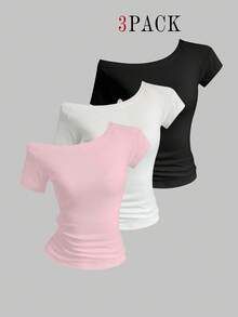 EMERY ROSE 3 piezas Camisetas ajustadas con hombros asimétricos para mujer, blusas básicas de manga corta para verano - Multicolor - Ver 1