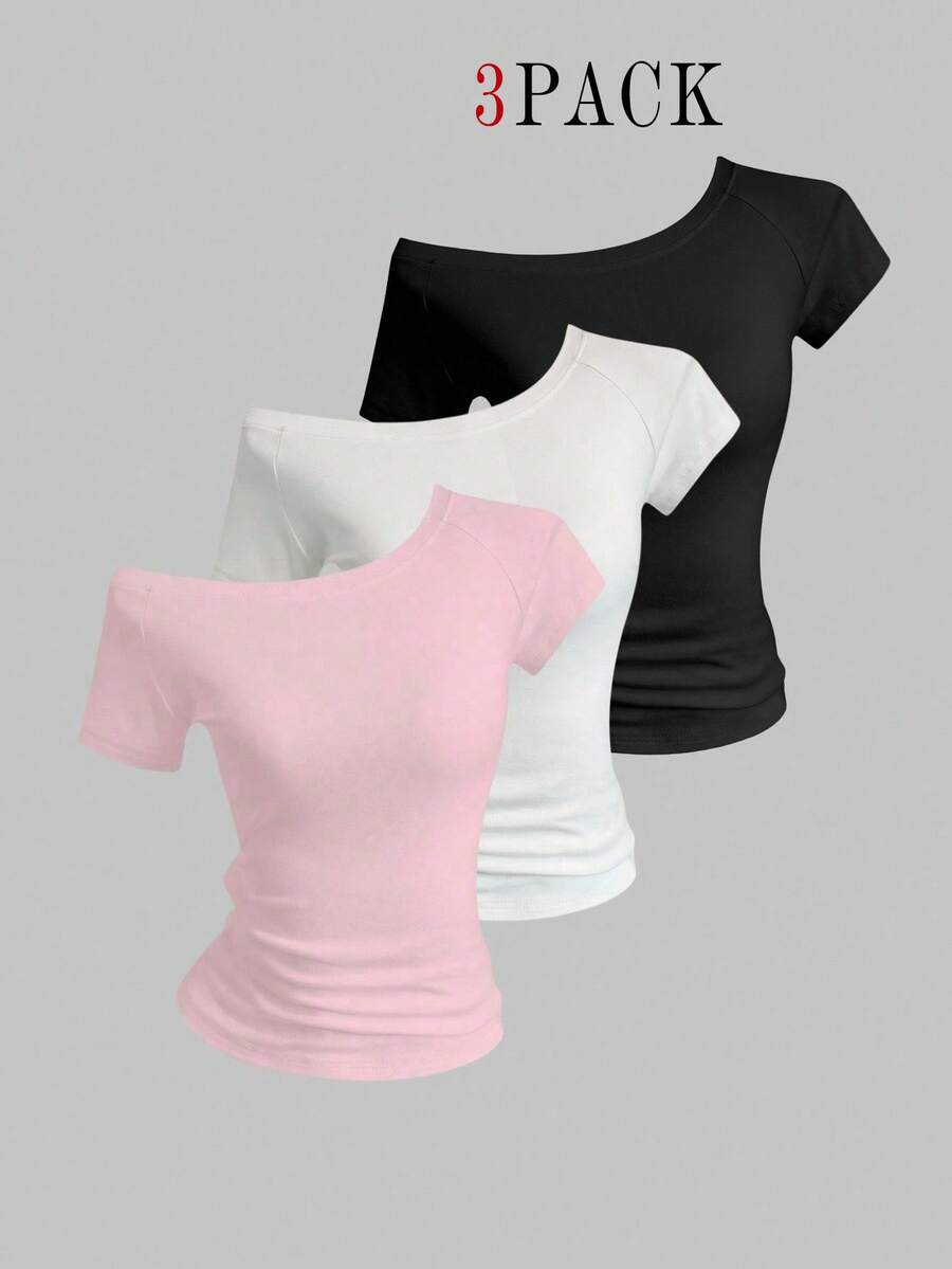EMERY ROSE 3 piezas Camisetas ajustadas con hombros asimétricos para mujer, blusas básicas de manga corta para verano - Multicolor - Ver 1