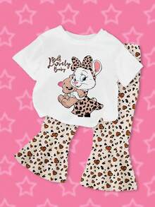 女婴图案字母印花短袖 T 恤和心形装饰喇叭裤套装 - 彩色 - 查看 8