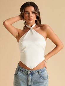 SHEIN BAE Áo kiểu nữ màu mơ bằng satin, hở lưng, buộc dây, gợi cảm, thanh lịch, thích hợp cho lễ hội âm nhạc, phong cách tối giản. - Màu be - Xem 5