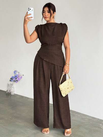 Firerie Conjunto de oficina casual y elegante minimalista en color caqui: Blusa asimétrica sin mangas con cintura fruncida + Pantalones anchos de pierna ancha con pliegues, Traje de lino para ir a la oficina, Atuendos de playa para mujer, Atuendo de aeropuerto, Atuendos de vacaciones, Atuendo de maestra