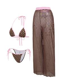 Swim SXY Bộ đồ bơi 3 món dành cho nữ: Áo hai dây cổ yếm chấm bi và quần ống rộng xuyên thấu, bikini gợi cảm cho kỳ nghỉ biển, quần chấm bi, quần che phủ bikini chấm bi, bộ 2 món xuyên thấu, một bộ đồ bơi nữ. - Nhiều màu - Xem 4