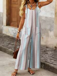 LanaWest Mono ancho de pierna con estampado digital de rayas, de estilo casual occidental, de mujer, con bolsillos y tirantes ajustables, de aspecto de lino - Caqui - Ver 1