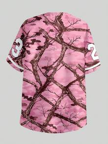 SHEIN 少女纯色圆领吊带背心搭配粉色迷彩树枝印花棒球开衫和短裤套装 - 粉色 - 查看 3