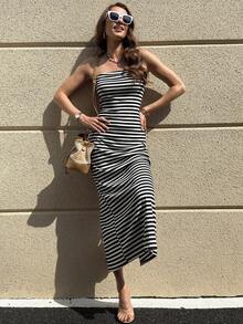 SHEIN Clasi Women's Black And White Striped Bandeau Maxi Dress,Summer Casual Strapless Bodycon Tube Top Dress For Vacation,Holiday Yacht Outfits,Stretchy Dress - Black and White - View 3