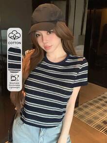 DAZY 女款對比色塊條紋格紋休閒商務辦公短袖T恤，適合春夏穿搭短版上衣 - 藏蓝色 - 查看 2