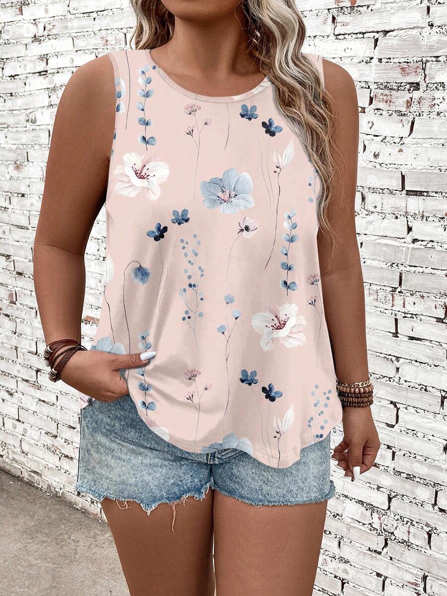 Áo tank top cỡ lớn in hoa, kiểu dáng thường ngày, thích hợp cho kỳ nghỉ hè của nữ. - Màu Hồng baby - Xem 1