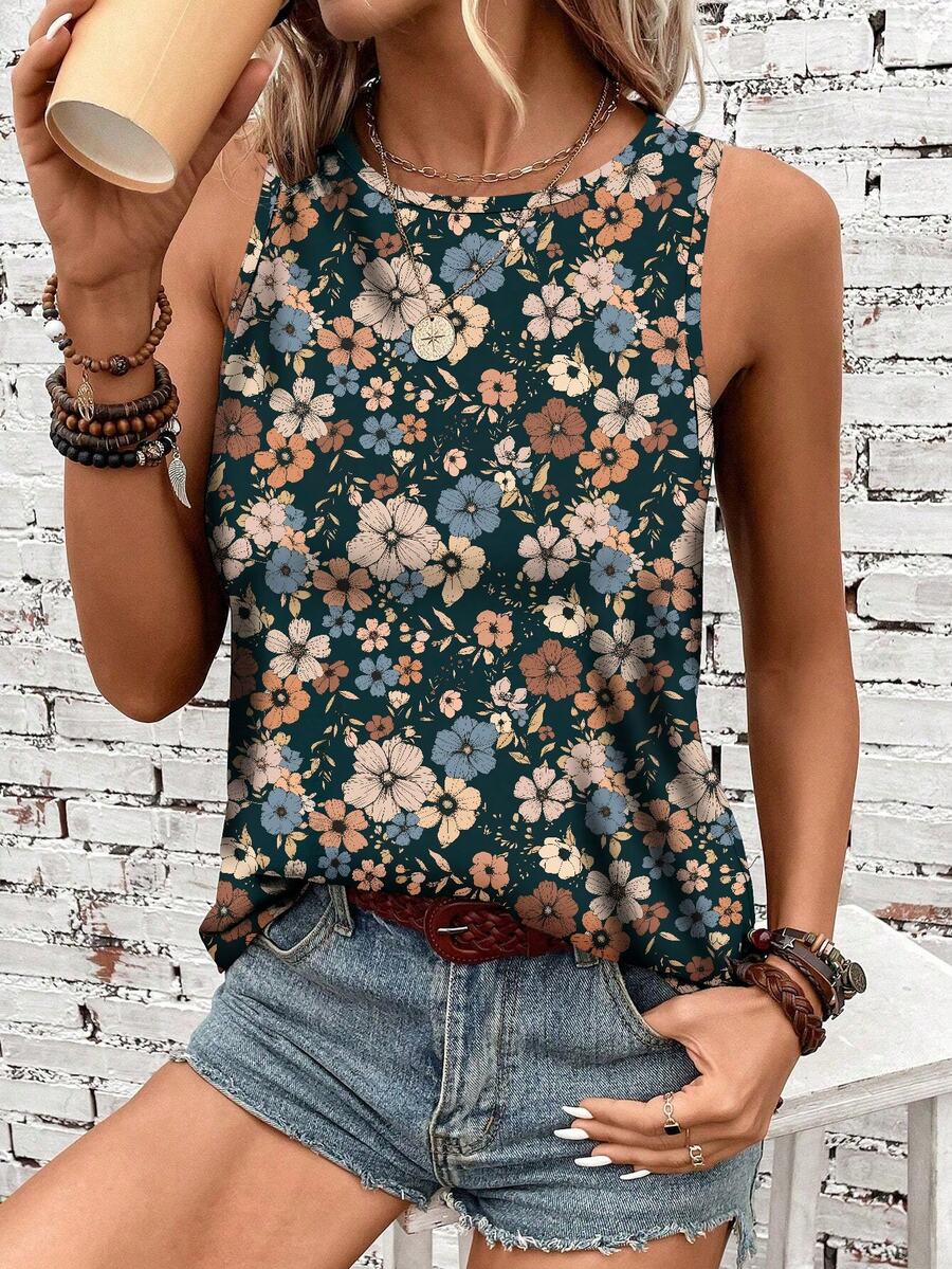 EMERY ROSE Women's Floral Print Round Neck Casual Versatile Daily Wear Top,Summer Top - Multicolor - View 1