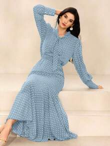 Graceveil Đầm nữ kiểu Pháp, eo cao, thắt eo - Màu xanh bụi bặm - Xem 4