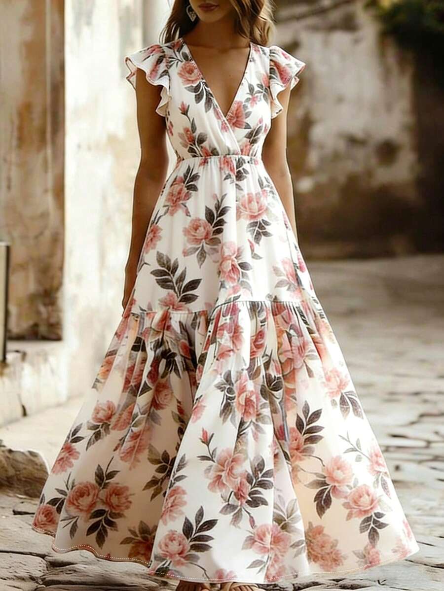 Balvessa Elegant Summer Vacation Long Dress For Women With Woven Prints - Pink - View 1