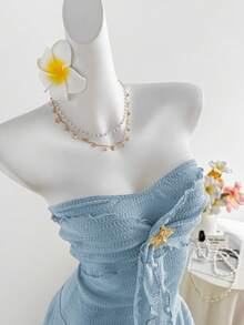 Sweetra Đầm ngắn nữ màu vàng dệt kim jacquard họa tiết sao biển kim loại, viền bèo nhún, thắt eo, phong cách bohemian thanh lịch, thích hợp dự tiệc, hẹn hò, thường ngày, đa năng, mùa xuân/hè. - Màu xanh lam - Xem 6