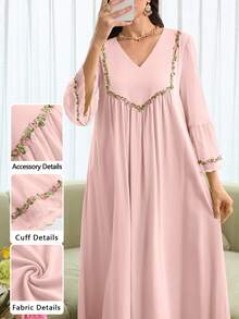Al Najma V-Neck Flare Sleeve Robe, Romantic Style For Spring/Summer - Pink - View 2